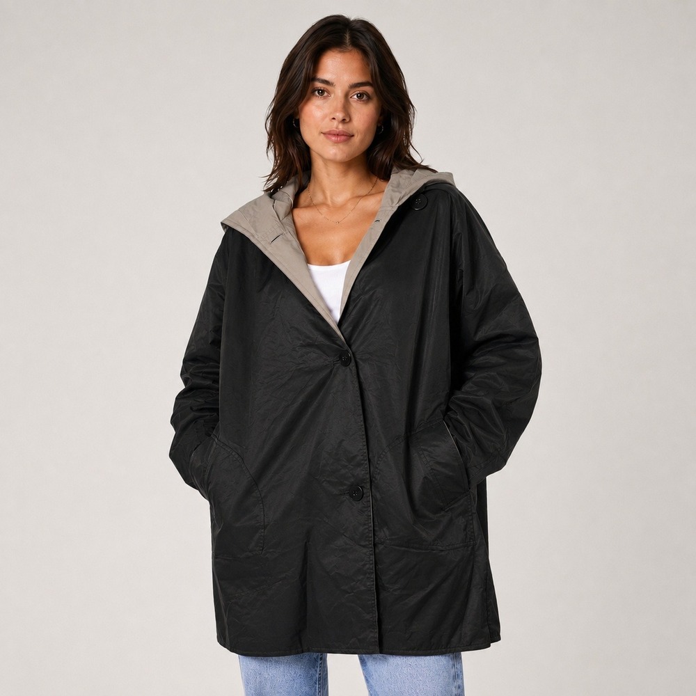 Eileen Fisher Womens Black Hooded Coat Jacket Medium Cotton Nylon Reversible